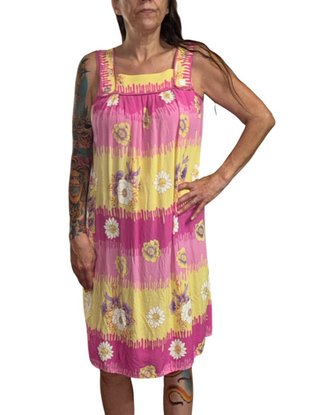 Sz.M*Pink/Yellow Floral-Print Muu-Muu Midi Dress